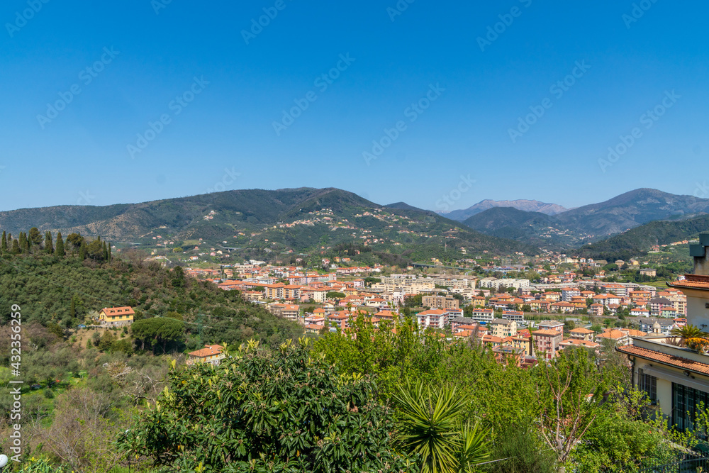 view of the hinterland of Sestri Levante from the hill of San Bartolomeo of ginestre, Sestri Levante, Genoa, Italy