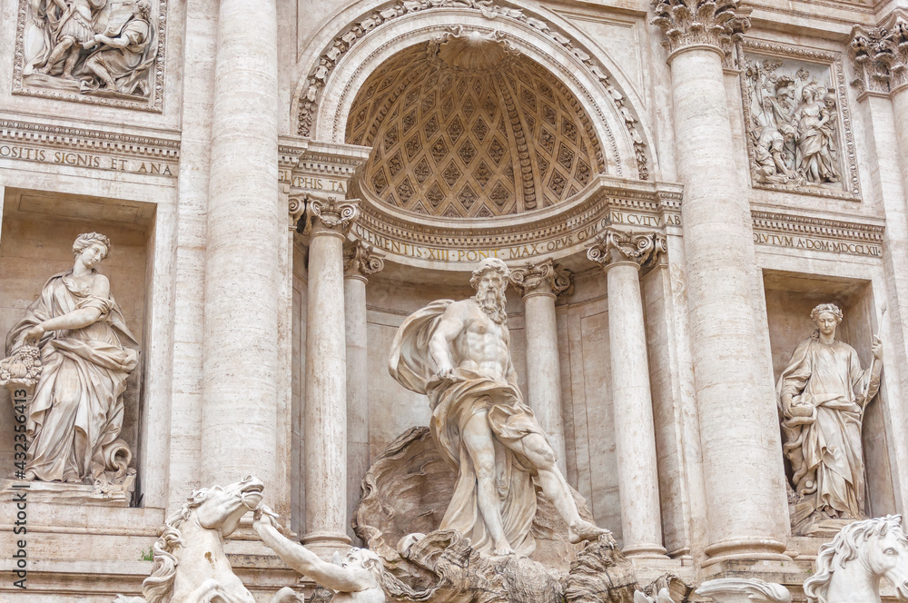 Architectural detail of the famous Fontana di Trevi in Rome, Italy