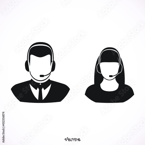 Call center operator with headset web icon design. Call center avatar set. Client services and communication, customer support, phone assistance, information, solutions. Vector