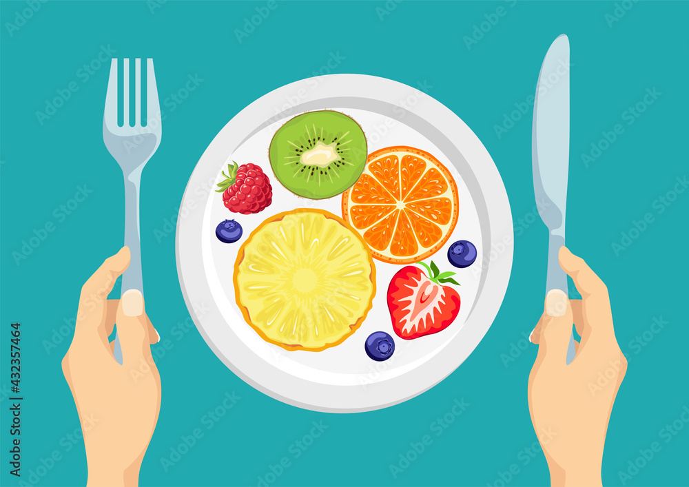Plate with fruit. Top view. Hands hold a knife and fork. Vector  illustration of healthy food in cartoon flat style. Stock Vector | Adobe  Stock
