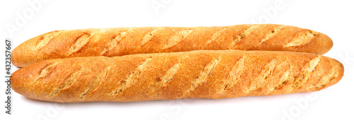 Two French baguettes are isolated on a white background.