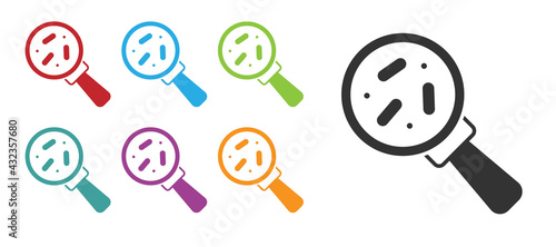 Black Microorganisms under magnifier icon isolated on white background. Bacteria and germs, cell cancer, microbe, virus, fungi. Set icons colorful. Vector