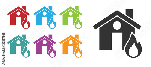 Black Fire in burning house icon isolated on white background. Set icons colorful. Vector