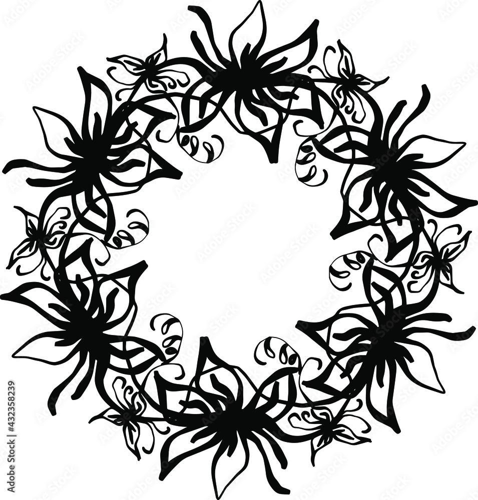 wreath of branches with leaves and flowers. Vector isolated contour decorative squiggle wreath for invitation card frame for weddings and cards wreath of branches with leaves and flowers. Vector isolated contour decorative squiggle wreath for invitation card frame for weddings and cards