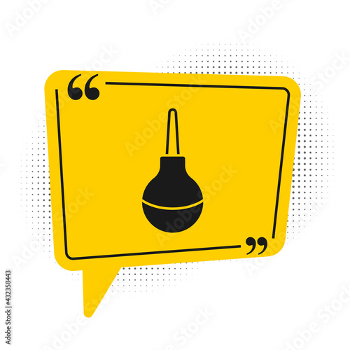 Black Enema icon isolated on white background. Enema with a plastic tip. Medical pear. Yellow speech bubble symbol. Vector