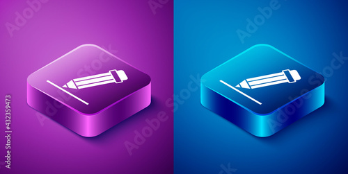 Isometric Pencil with eraser icon isolated on blue and purple background. Drawing and educational tools. School office symbol. Square button. Vector