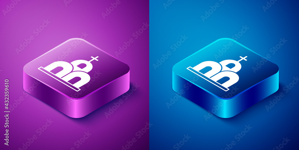 Isometric Church building icon isolated on blue and purple background. Christian Church. Religion of church. Square button. Vector Isometric Church building icon isolated on blue and purple background. Christian Church. Religion of church. Square button. Vector