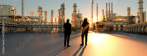 Technicians supervisor looking out onto an oil refinery at sunset with pipes and steel 3d render photo