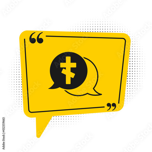 Black Grave with cross icon isolated on white background. Yellow speech bubble symbol. Vector