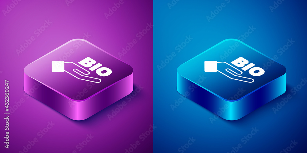 Isometric Bio green healthy food icon isolated on blue and purple background. Organic product. Healthy food sticker. Square button. Vector Isometric Bio green healthy food icon isolated on blue and purple background. Organic product. Healthy food sticker. Square button. Vector
