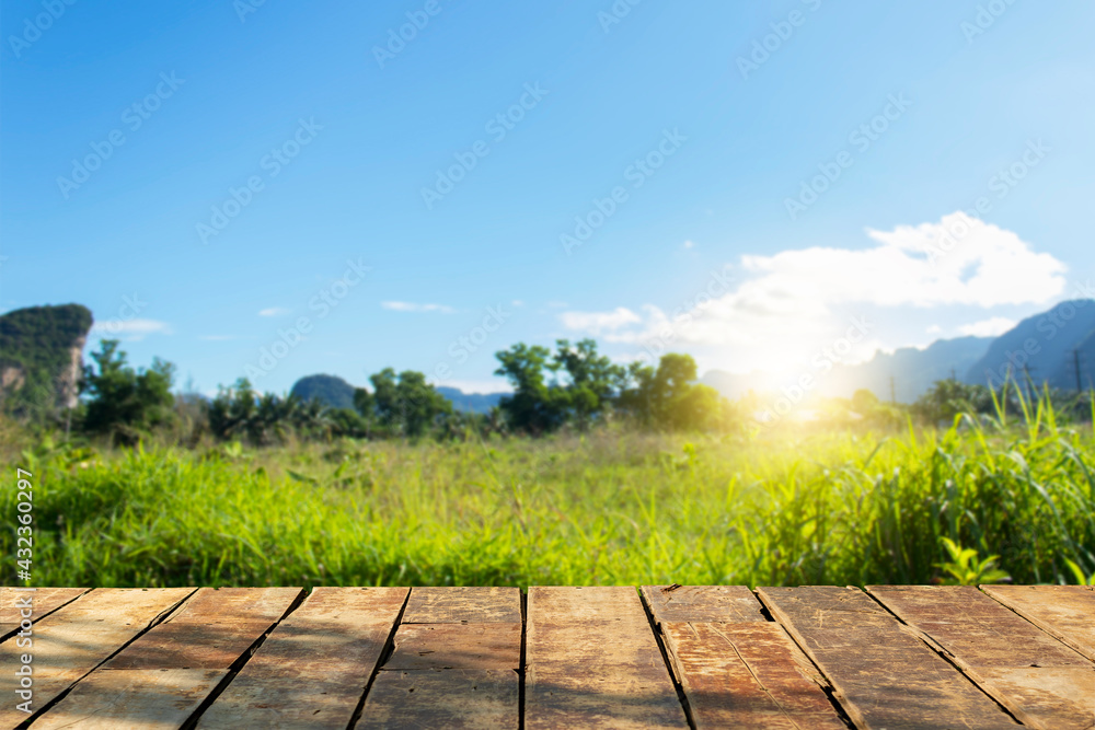 Beautiful wooden floor and mountain background, trees and nature Beautiful wooden floor and mountain background, trees and nature