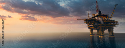 Large off shore oil rig platform in the ocean at sunset 3d render photo