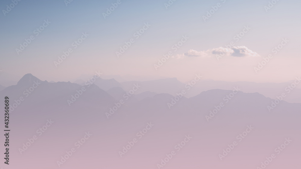 Mountains in the haze. Pastel colored mountain landscape panorama. Pure and clean background with copy space.