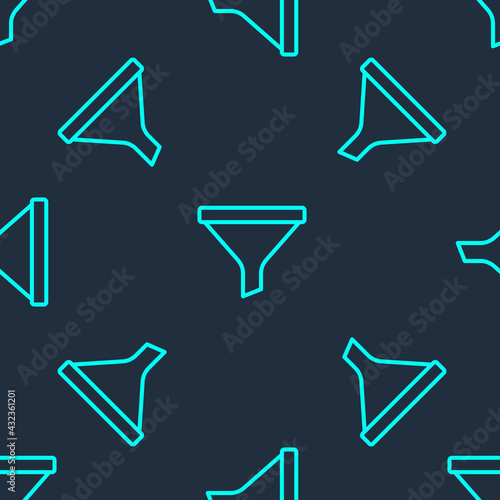 Green line Funnel or filter icon isolated seamless pattern on blue background. Vector