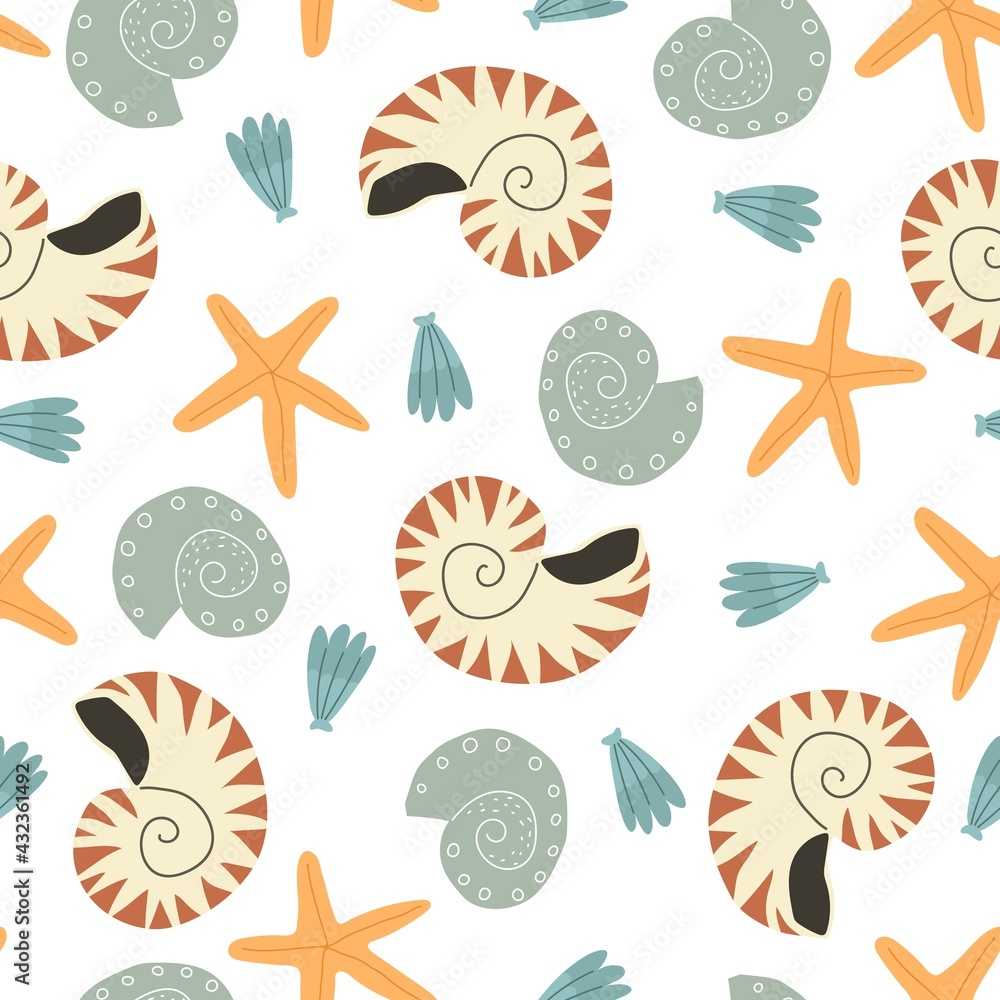 Fototapeta premium Seamless pattern with cartoon shells, decor elements. colorful vector. hand drawing, flat style. design for fabric, print, textile, wrapper