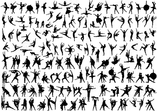 Mens, womens and pairs silhouettes ballet dancers. More than 100 silhouettes on a white background.