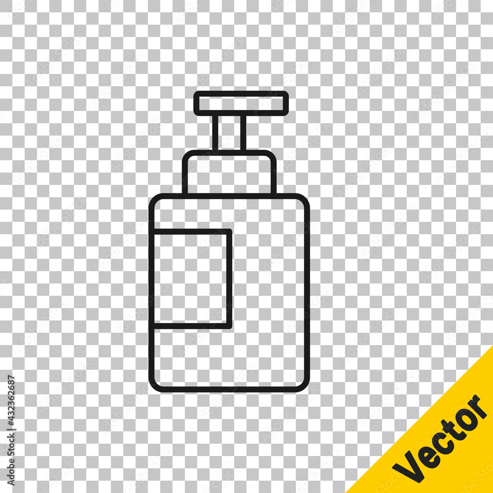Black line Hand sanitizer bottle icon isolated on transparent background. Disinfection concept. Washing gel. Alcohol bottle for hygiene. Vector Black line Hand sanitizer bottle icon isolated on transparent background. Disinfection concept. Washing gel. Alcohol bottle for hygiene. Vector