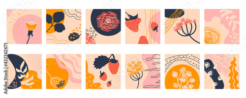 Set of 12 abstract vector backgrounds. Strawberry, various branches, flowers,  leaves, spots, curve and lines. Contemporary modern trendy hand drawn illustration.