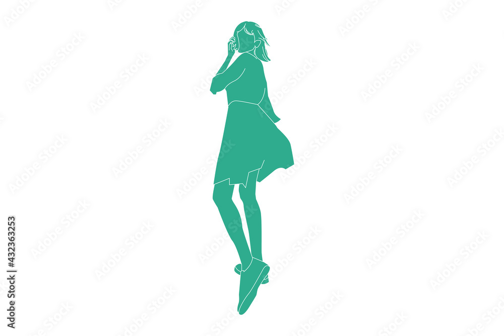 Vector illustration of woman in her dress, Flat style with outline