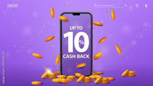 Purple cashback banner with smartphone with offer on screen, gold coins around and gold coins falling from the top