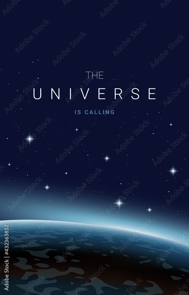 Vector open space vertical illustration of blue planet with light and stars on dark color background, template banner Vector open space vertical illustration of blue planet with light and stars on dark color background, template banner