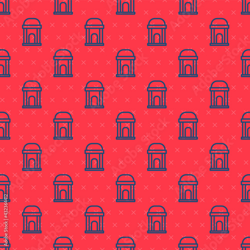 Blue line Old crypt icon isolated seamless pattern on red background. Cemetery symbol. Ossuary or crypt for burial of deceased. Vector