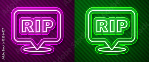 Glowing neon line Speech bubble rip death icon isolated on purple and green background. Vector