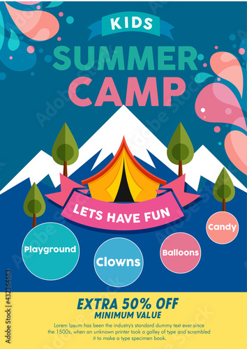 kids summer camp background education Vector design Template for advertising brochure or poster,activities on camping, poster flyer template,