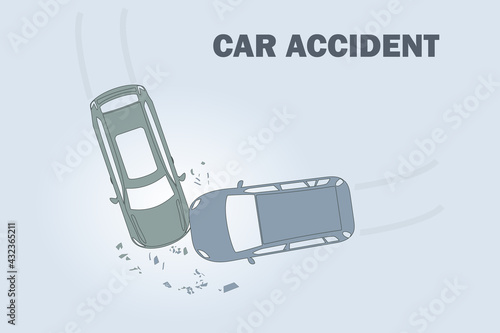 Vehicle crash. Car accident poster template. Damaged transport concept. City drive disaster. Two smashed vehicles. Top view road collision on gray background. Auto insurance. Stock vector illustration