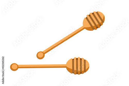 Wooden dipper isolated on white background. Honey stick or spoon with round part in cartoon style. Traditional food utensil. Honey scoop icon or logo. Beekeeper tool. Stock vector illustration