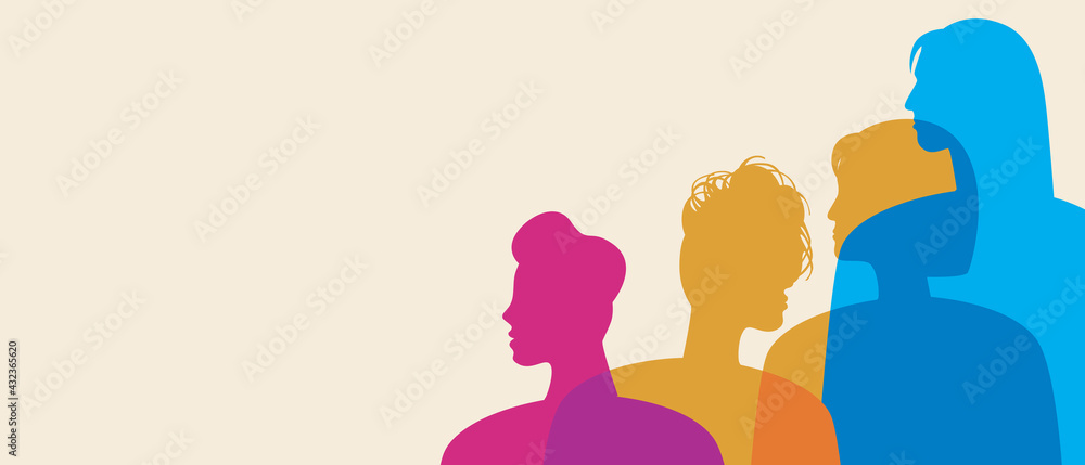 Pansexual people, copy space template, silhouette vector stock illustration or blank backdrop for design with pansexual men and women