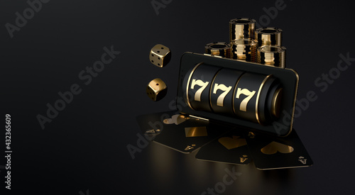Fortune 777 slot machine, playing cards, casino roulette, chips and craps. Vegas casino game. The likelihood of good luck in gambling. Online casino. 3d rendering.	
