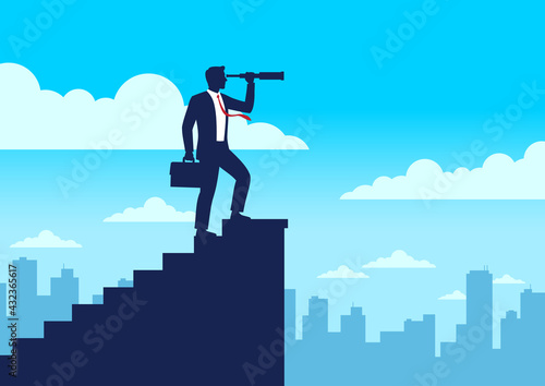 Silhouette businessman holding a telescope standing on the top of stairway looking of success, Searching new business goals, Finding ambition and motivation concept, Flat design vector illustration
