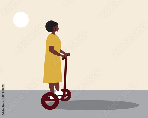 Woman on gyro scooter, copy space template, flat vector stock illustration with urban riding hoverboard with place for text