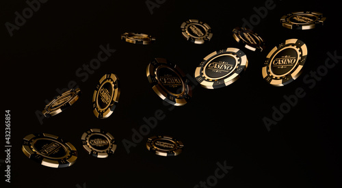 Gold casino chips on a dark background. Online casino. 3d rendering.	
