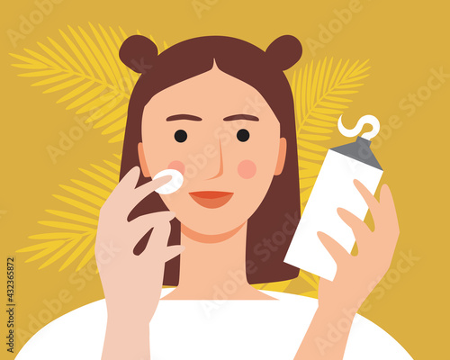 Woman skin care, flat vector stock illustration with natural cream, mask, skin lotion as beauty care cruelty free