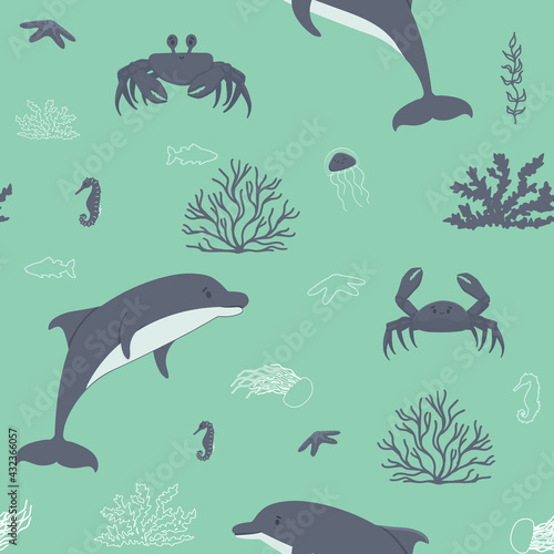 Cute dolphins  crabs  corals  algae  sea Horse  jellyfish sea ocean animals seamless pattern. Vector illustration in aquamarine  blue colors in flat and line art style