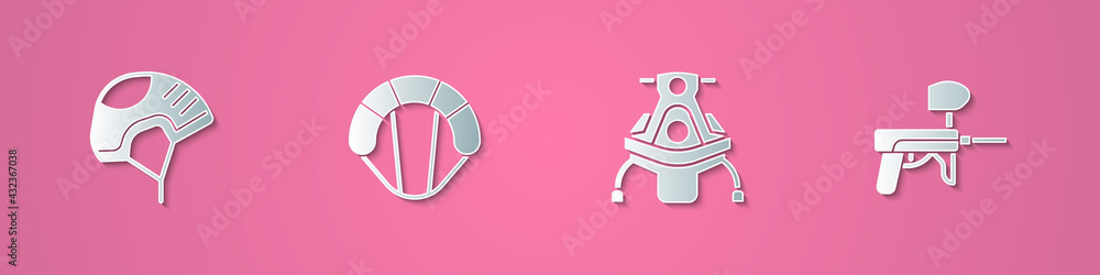 Set paper cut Helmet, Parachute, Snowmobile and Paintball gun icon. Paper art style. Vector Set paper cut Helmet, Parachute, Snowmobile and Paintball gun icon. Paper art style. Vector