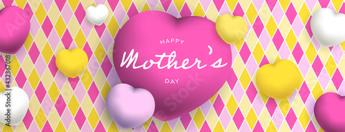Happy mother's day, sous forme de carte ou bannière, poster ou flyer, avec des losanges et des gros coeurs jaunes, roses et blancs