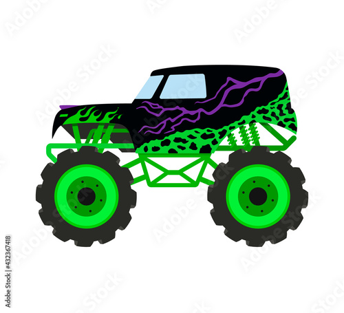 Cartoon monster truck. Big car t-shirt print. 4x4 nursery vehicle. Isolated diesel auto. Rally show