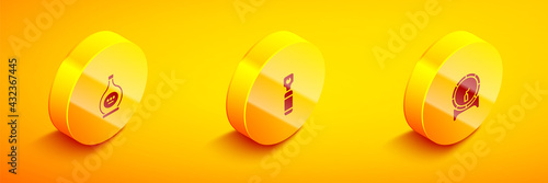 Set Isometric Bottle of cognac or brandy, opener and Wooden barrel on rack icon. Vector