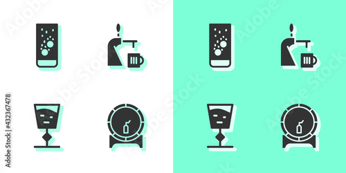 Set Wooden barrel on rack, Effervescent tablets in water, Wine glass and Beer tap with icon. Vector