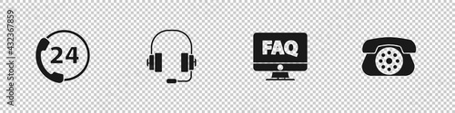Set Telephone 24 hours support, Headphones, Computer monitor and FAQ and icon. Vector
