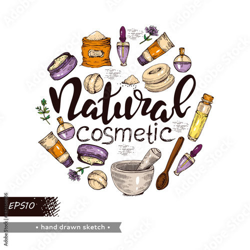 Circle filled natural cosmetic accessories and lettering natural cosmetic .