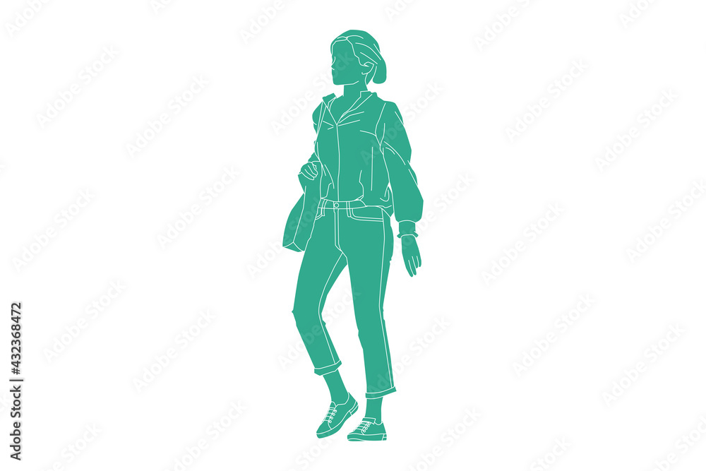 Vector illustration of a woman casually walking down the street, Flat style with outline
