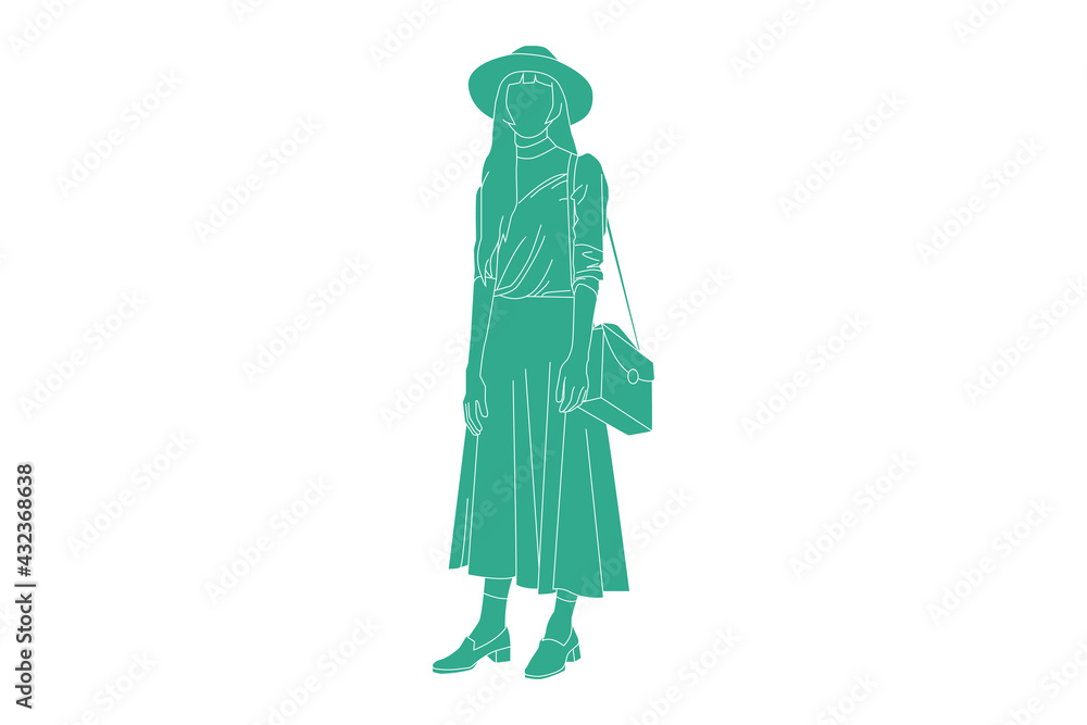 Vector illustration of casual woman standing on the side of the road, Flat style with outline