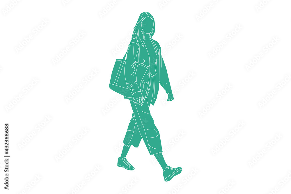 Vector illustration of elegant woman walking on the side road, Flat style with outline