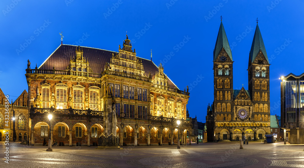 Bremen market square town hall Dom church Roland panoramic view in Germany at night blue hour