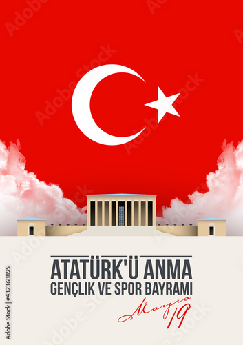 19 may Turkish national holiday illustration banner mayis Ataturk'u Anma, Genclik ve Spor Bayrami, tr: 19 may Commemoration Ataturk, Youth and Sports Day, isolated on White design Turkish holiday card