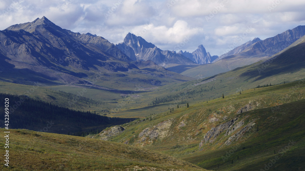 Tombstone Mountain with rugged range with arctic landscape, hiking concept, Yukon, Canada